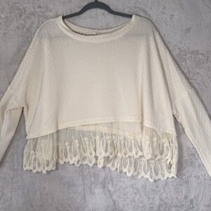 Womens Long Sleeve Lace‎ Trim Top Slouchy Oversized XS Boho Chic Romantic